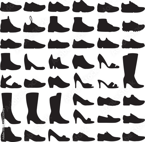 Diverse collection of footwear silhouettes displayed in silhouette style.