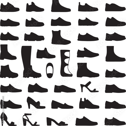 Diverse collection of silhouettes featuring various footwear styles and designs