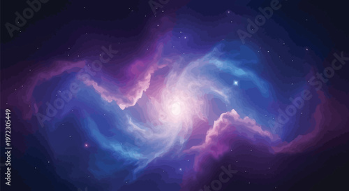 A vibrant purple and blue spiral galaxy glowing amidst intricate digital circuit board patterns Vector