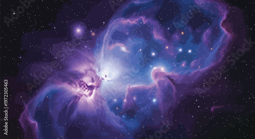 Stunning view of the vibrant purple and blue gaseous nebula located deep within outer space Vector