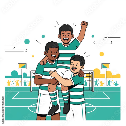 Champions celebrating a victory on the football field with joy and enthusiasm vector design
