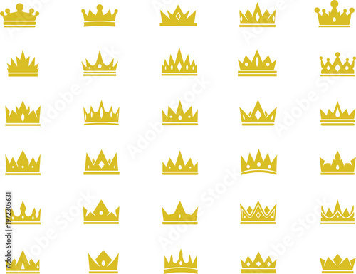 Set of golden crown icons with star elements and royal award symbols in decorative design style