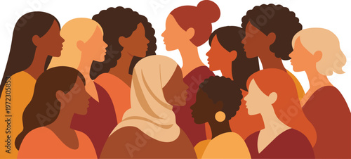 Large group of multicultural women together representing diversity inclusion and equality flat vector illustration.