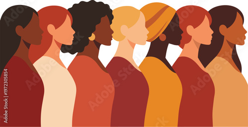 Minimal diverse women side profile row representing cultural diversity and inclusion flat vector illustration.