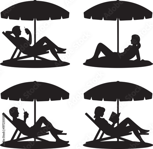 Relaxing scenes under umbrellas with different devices for leisure activities