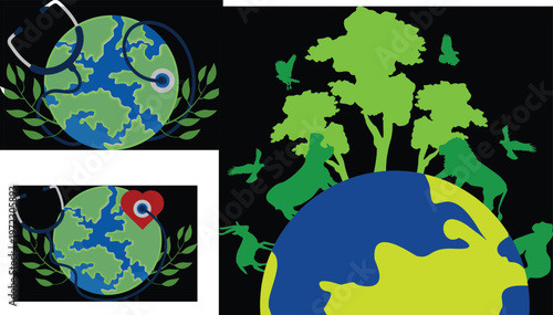 Global health and ecology vector set, planet earth with stethoscope and medical heart, wildlife and nature conservation icons on black background