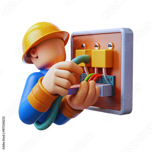 3D Professional Electrician Character Installing Electrical Wiring and Circuit Components in Control Panel