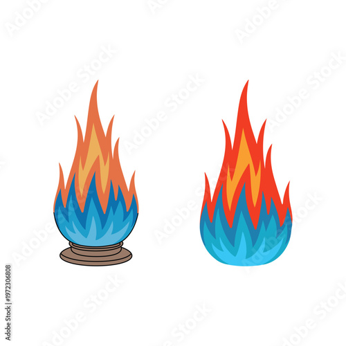 Vibrant illustration of blue and orange flame, symbolizing energy and warmth,  two illustrations of flames