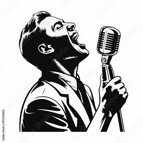 Male Singer with Microphone Silhouette – Vocal Performance Music Vector Illustration