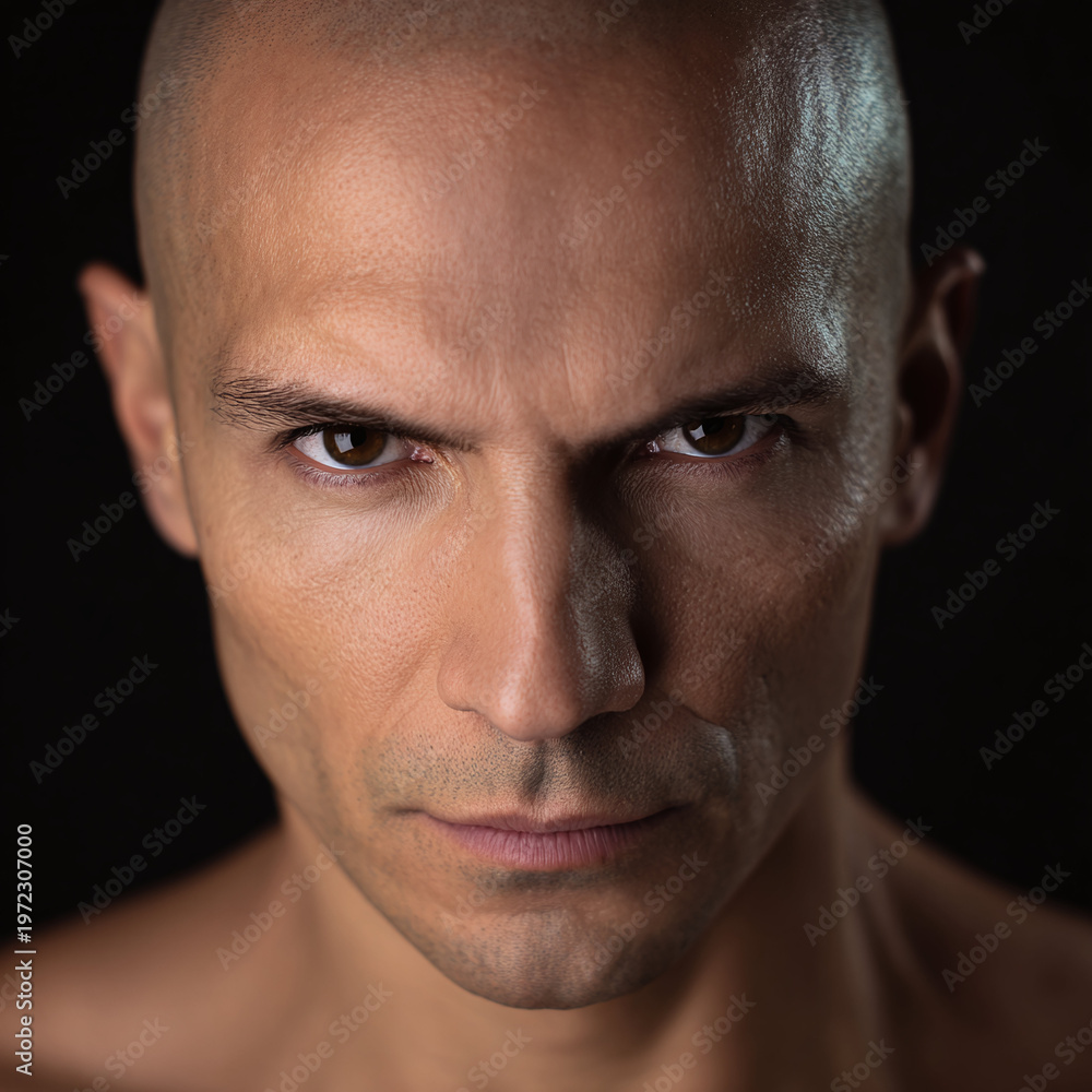 Fototapeta premium Intense portrait of a bald male with strong features and piercing gaze against a dark background.
