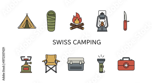 Swiss Camping Equipment Icons Set Vector Illustration.