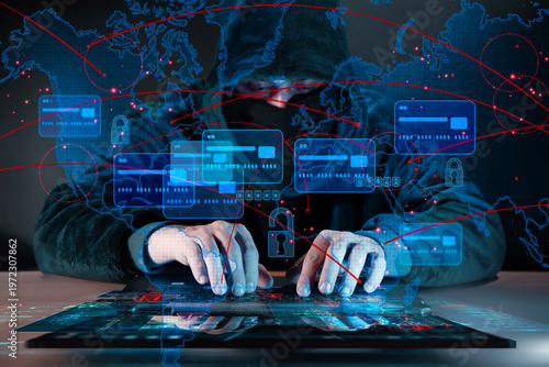 Hooded cybercriminal behind laptop with card data dashboards, lock icons and global connection lines overlay, representing financial fraud, hacking and digital theft.