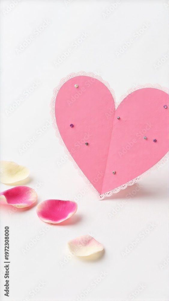 Fototapeta premium A pink heart with glitter on a table among rose petals and flowers