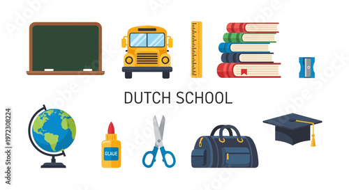 Collection of Dutch School Supplies and Items.