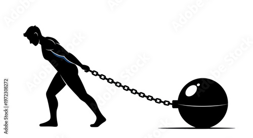 Silhouette of a person pulling a heavy ball and chain, symbolizing struggle and burden