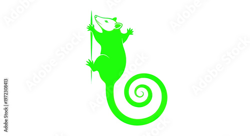 Green Opossum Climbing Tree Branch, Cute Animal Illustration