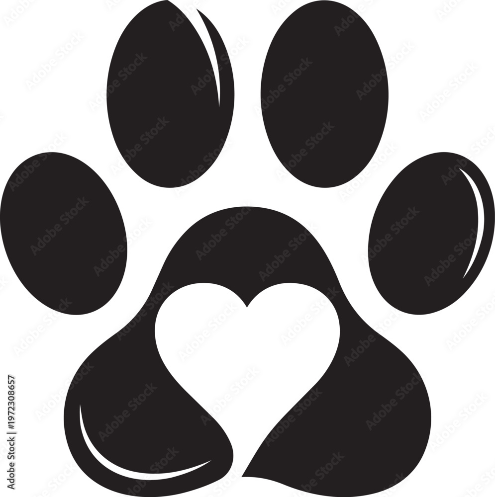 Fototapeta premium Black paw print with heart shape inside on white background, symbol of love for animals