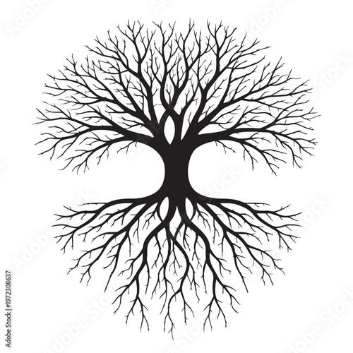 Symmetrical tree of life vector, black silhouette of bare branches and roots, circular nature symbol for family genealogy and spiritual growth