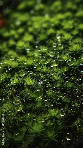 Dew Drops on Lush Green Foliage Closeup.