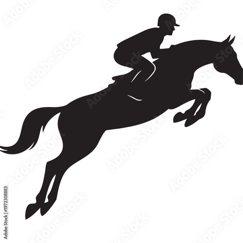 Equestrian show jumping silhouette, horse and rider jumping vector, black stallion athlete performing hurdle leap, competitive horse racing icon
