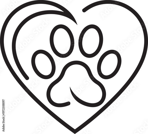 Line drawing of heart enclosing a paw print, emblem of animal devotion