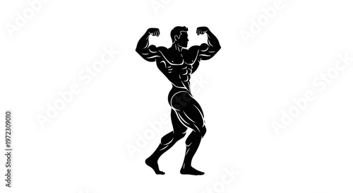 Muscular Bodybuilder Silhouette Flexing Biceps on White Background