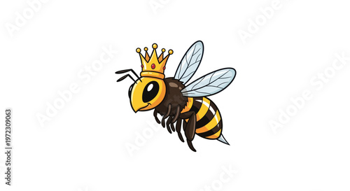 Cartoon Bee Wearing a Crown, Royal Insect Flying, Cute Queen Bee Illustration