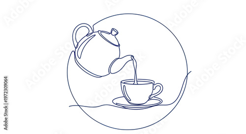 Continuous line drawing of tea being poured from a teapot into a cup.