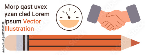 Business partnership, teamwork, creative solutions, project management, time management, collaboration. Graphic shows a handshake, clock and pencil. Business partnership and time management concept
