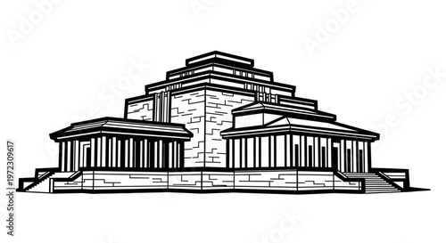 Detailed line drawing of a historic building showcases classic architecture, emphasizing intricate design and timeless elegance.
