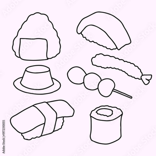 A set of simple black and white line art illustrations featuring various Japanese foods like sushi, onigiri, dango, and tempura. Clean hand drawn outlines on a light lavender background.