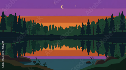 Serene moonlit forest scene with tranquil lake reflections under a crescent moon Vector, illustration