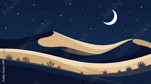 Serene desert landscape under a crescent moon at night Vector, illustration
