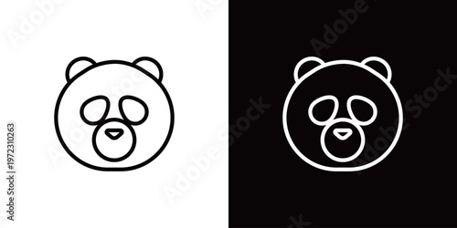 パンダの顔のラインアイコン。白い線と黒い線のモノクロベクターイラストセット