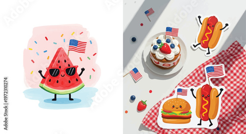 Cute Fourth of July Kawaii Food Characters and Stickers with Watermelon, Burger, and Hot Dog in Patriotic Theme
