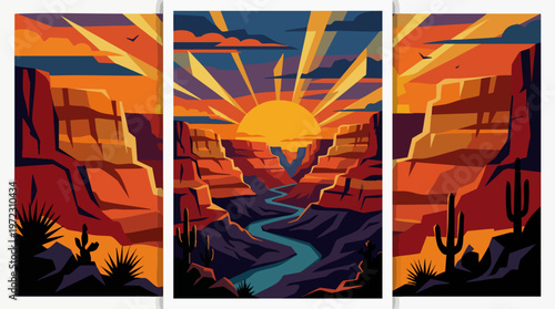 Desert canyon at golden hour with radiant sunlight and ancient ruins Vector, illustration