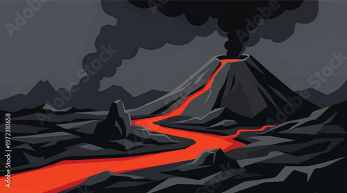 Erupting volcano with flowing lava and dark smoke billowing into the night sky Vector, illustration