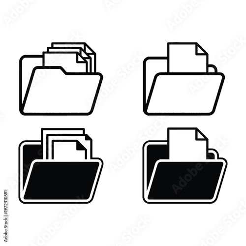 Four black and white folder icons with documents