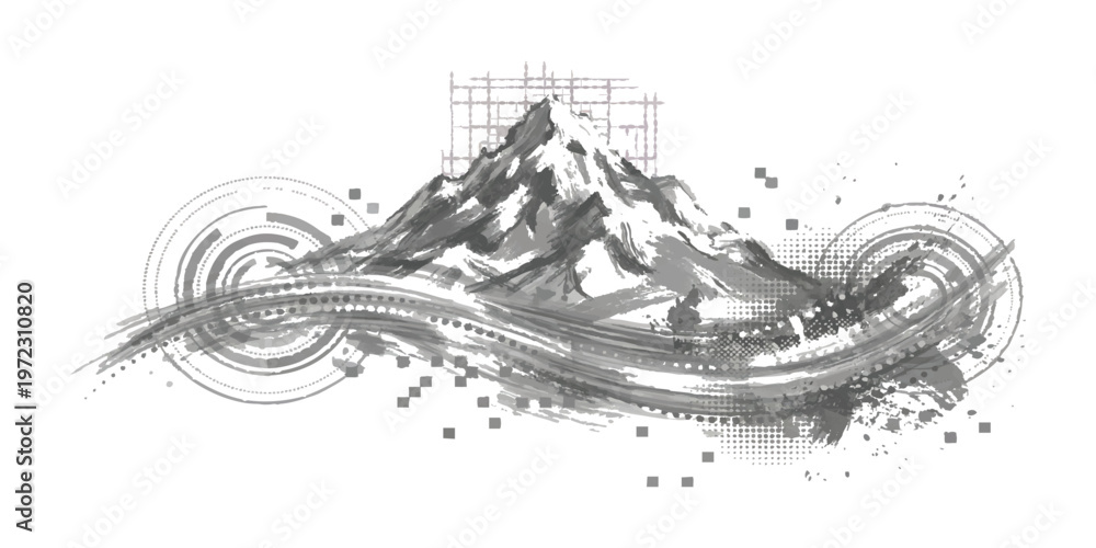 Obraz premium Abstract mountain landscape with futuristic tech elements and grunge ink splash effects vector illustration for creative design