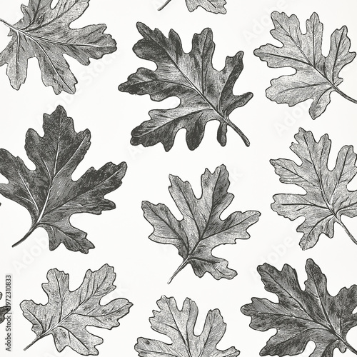 Hand-drawn oak leaves seamless pattern in a vintage engraved style on textured background.