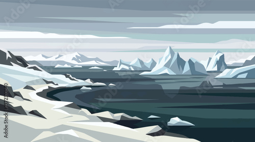 Floating icebergs in a serene and icy polar landscape under cloudy skies Vector, illustration