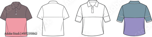 Color block polo shirt design template, short sleeve collared top with panel contrast, front and back views – vector illustration