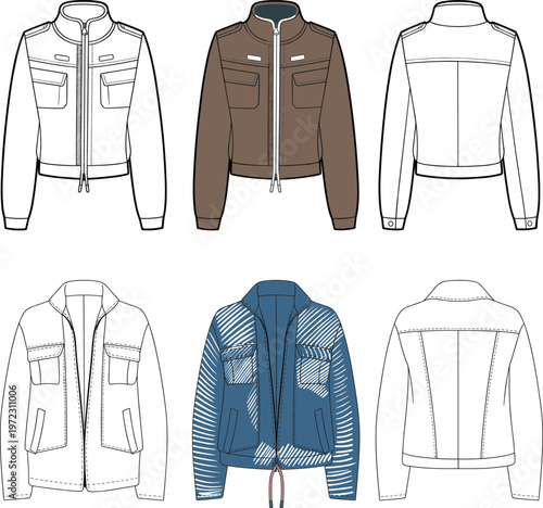 Contemporary utility jackets lineup, multi pocket zip up outerwear styles with structured panels, urban fashion technical drawing collection – vector illustration