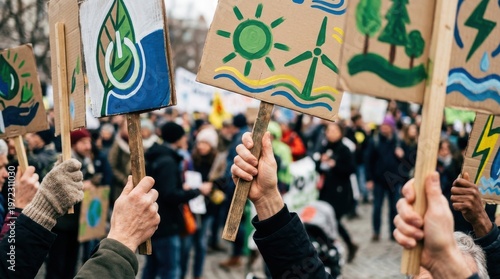 Diverse crowd of people holding handmade signs with environmental symbols at a climate change protest in a city street.