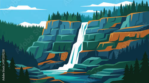 Majestic waterfall cascading through ancient forests and rocky terrains Vector, illustration
