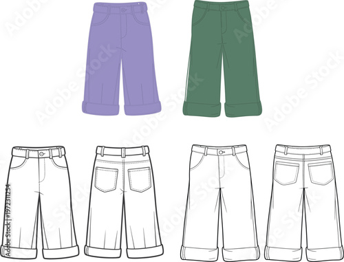 Cuffed wide leg pants vector set, cropped denim style trousers with pocket details, front and back views – vector illustration