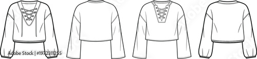 Cropped long sleeve blouse set with lace up front detail, modern womenswear top collection, clean fashion line drawing views – vector illustration