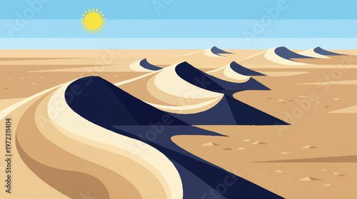 Serene desert landscape with winding road and towering sand dunes under a bright sun Vector, illustration