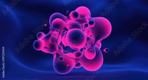 Abstract pink metaball organisms float magically in purple-blue luminous liquid creating a mesmerizing digital art close-up