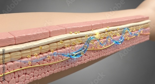 Intricate human skin layers reveal visible hydration and nutrient absorption for healthy, youthful dermis rejuvenation